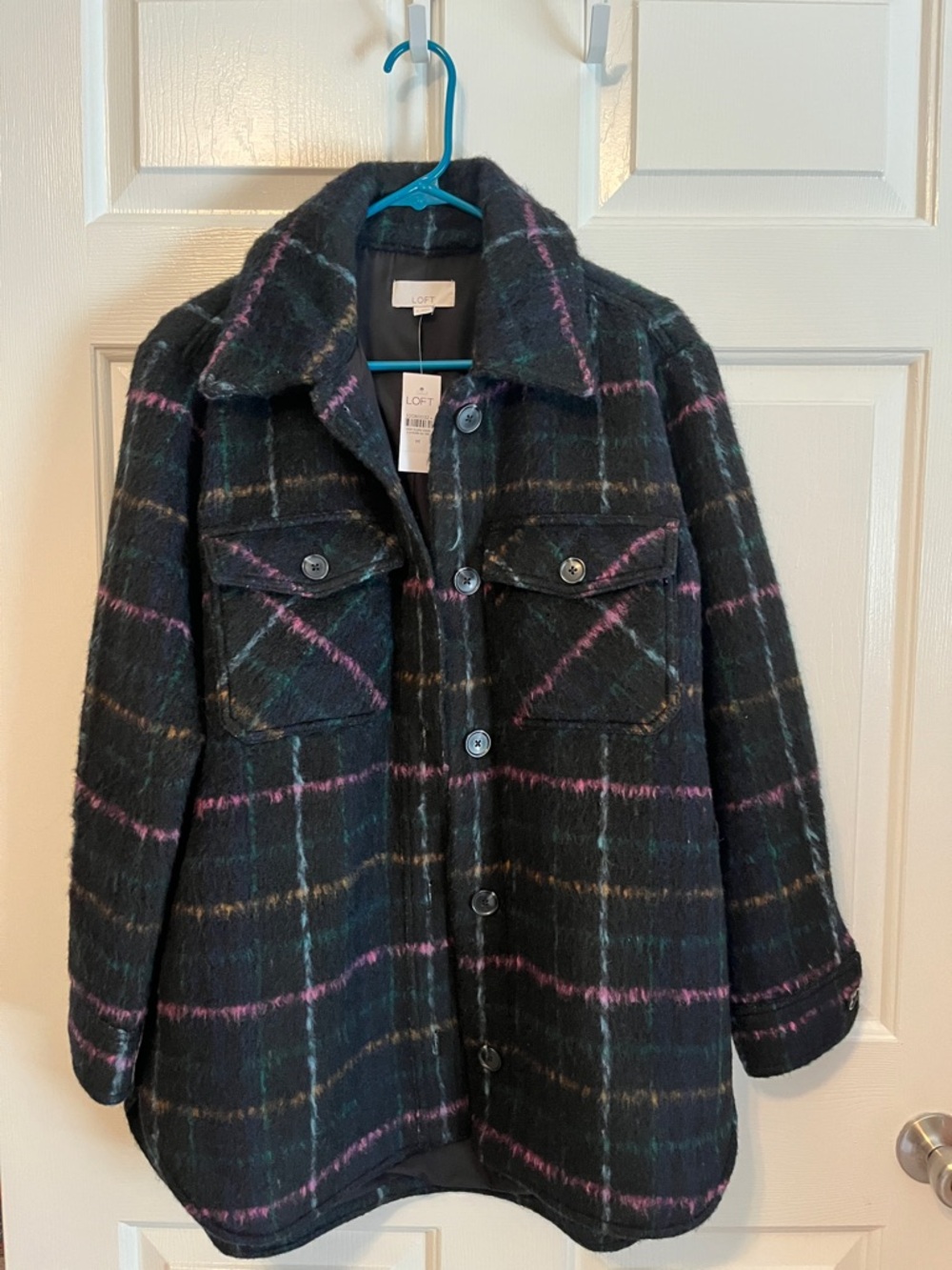 NWT LOFT Black Plaid Wool-Blend Utility Shacket with Pink & Teal Stripes